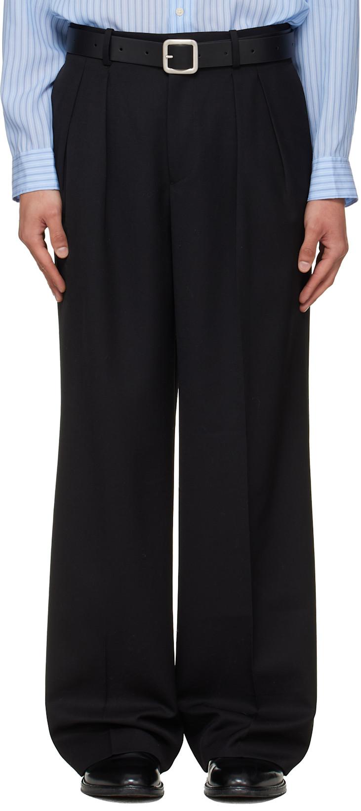 Black Wool Double-Pleated Wide Trousers by TONYWACK