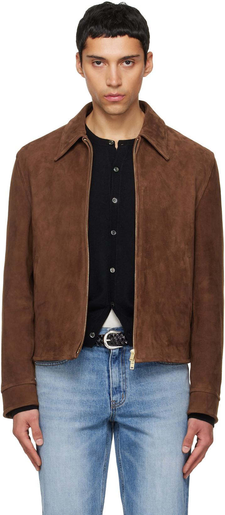 Brown Buckle Zip Goat Suede Jacket by TONYWACK
