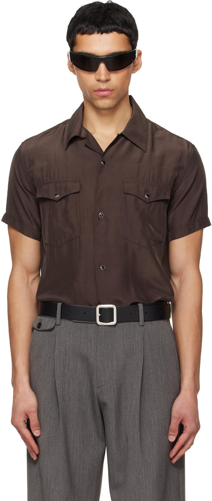 Brown Washed Rayon Pearl Snap Shirt by TONYWACK