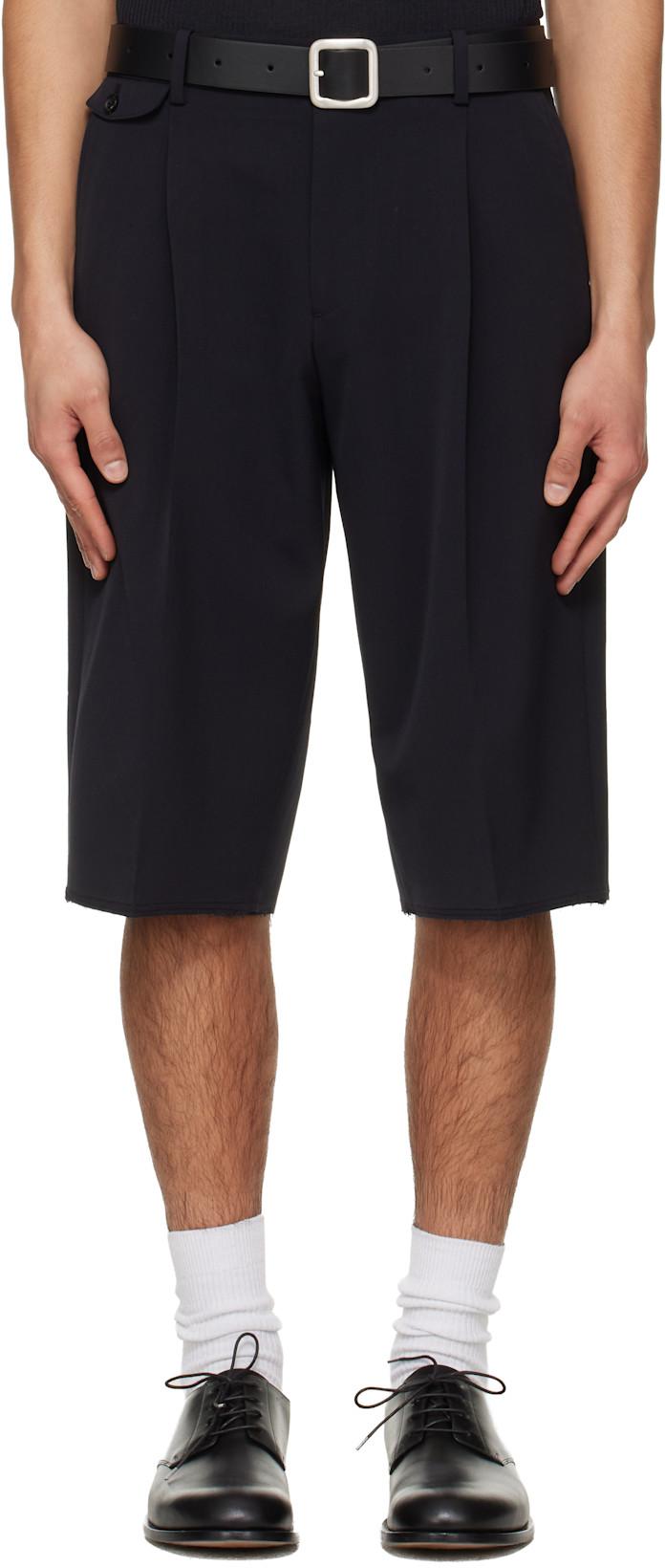 Navy Raw-Cut Wool Pleated Tailored Shorts by TONYWACK