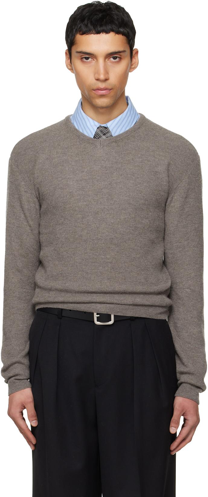 Taupe Superfine Wool Commando V-Neck Knit Sweater by TONYWACK