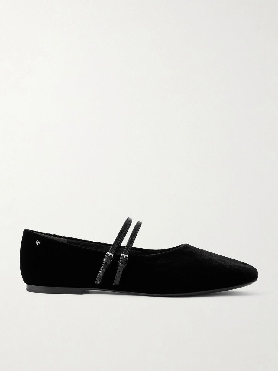 Leather-trimmed velvet Mary Jane ballet flats by TORY BURCH