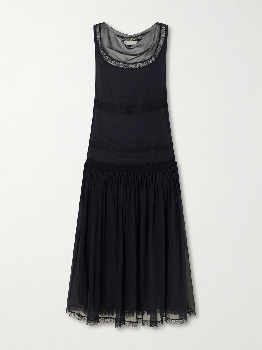 Pleated lace-trimmed silk-georgette midi dress by TORY BURCH