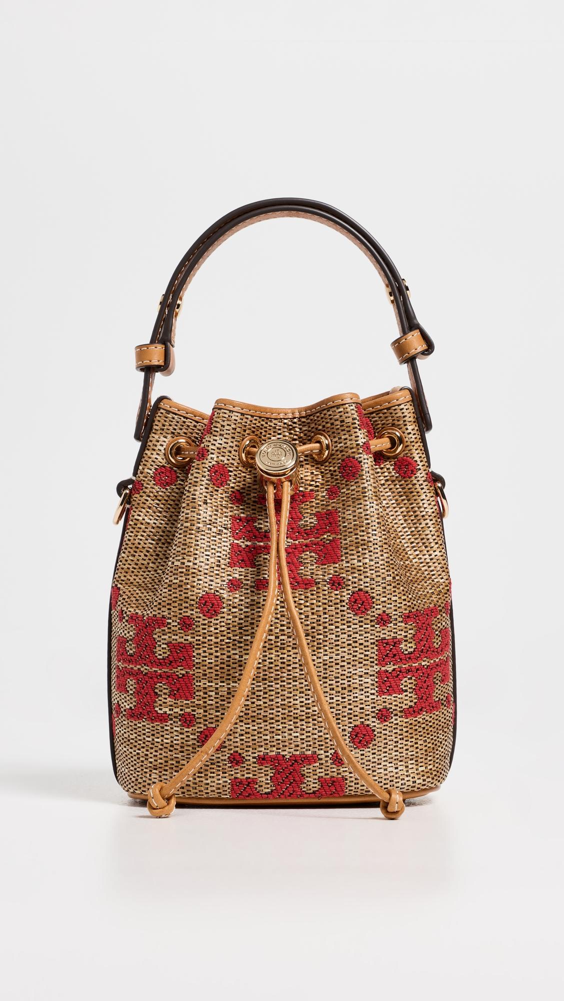 T Monogram Straw Mini Bucket Bag by TORY BURCH
