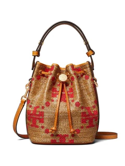 T Monogram straw mini bucket bag by TORY BURCH