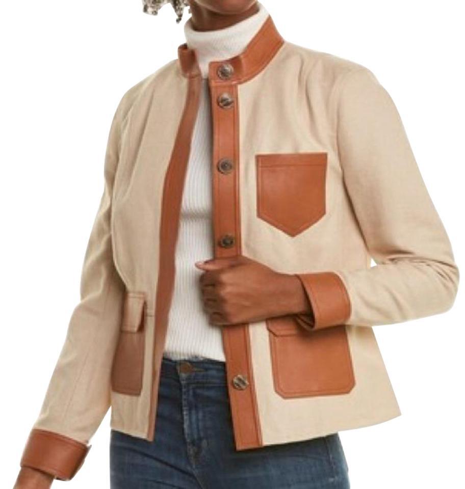 Tory Burch Beige and Caramel Camden Leather-trimmed Linen-blend Utility Jacket by TORY BURCH Tory Burch Beige and Caramel Camden Leather-trimmed Linen-blend Utility Jacket by TORY BURCH