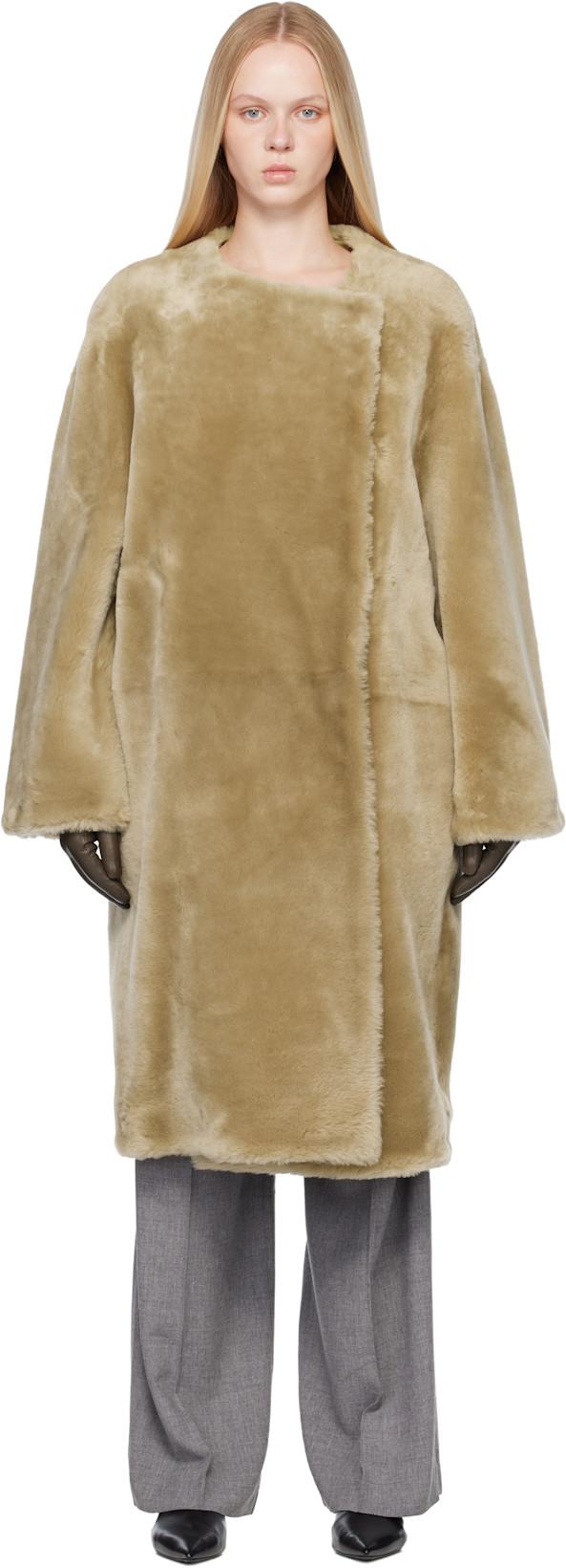 Beige Collarless Shearling Coat by TOTEME