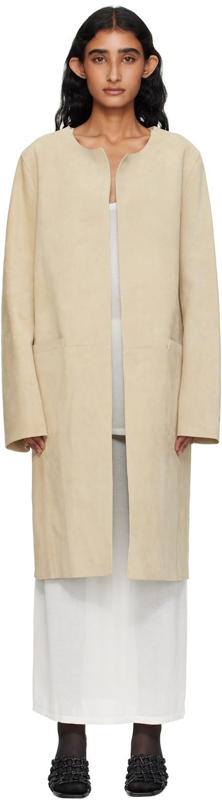 Beige Collarless Suede Coat by TOTEME