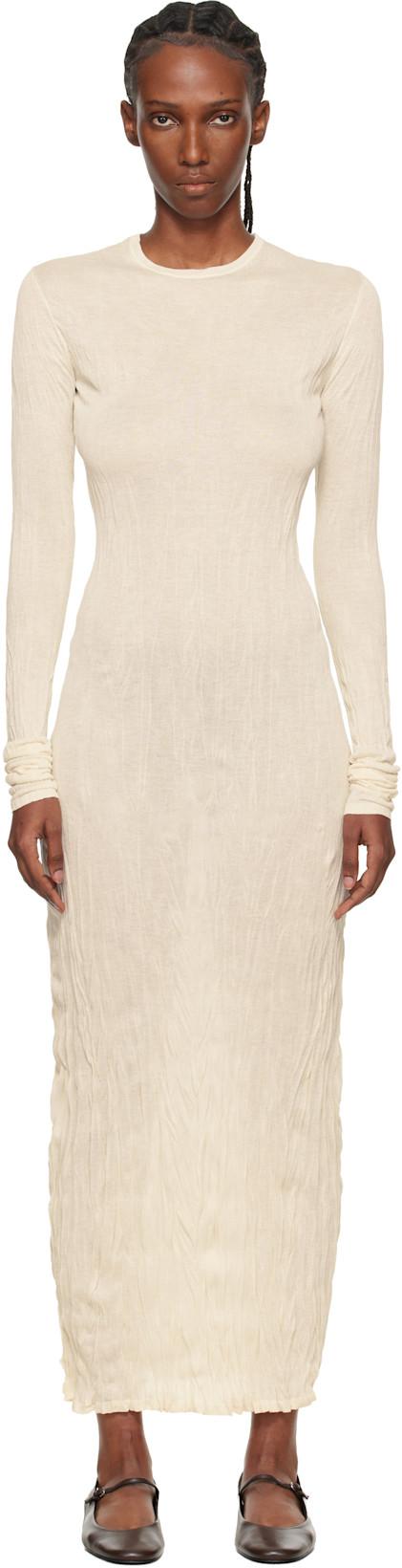 Beige Crinkled Knit Long-Sleeve Midi Dress by TOTEME