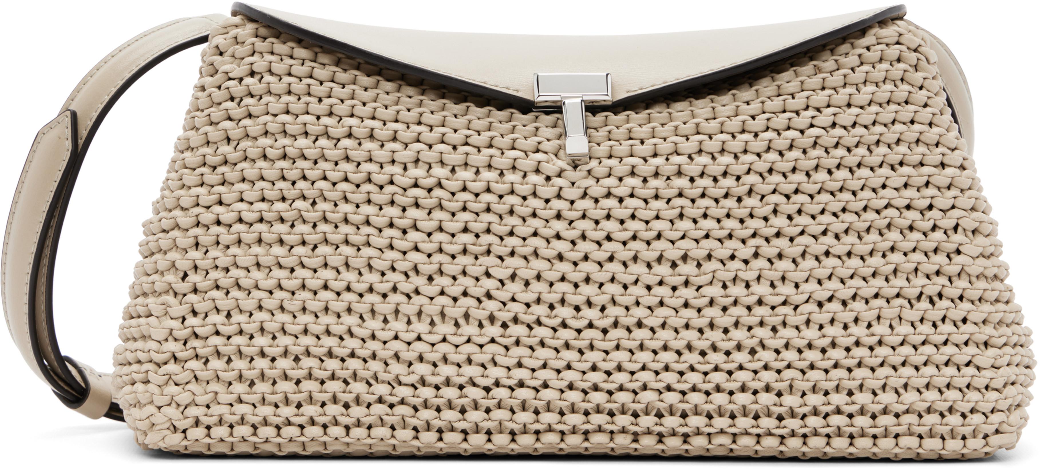 Beige T-Lock Woven-Leather Clutch by TOTEME