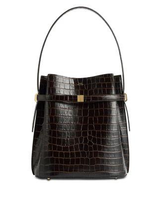 Belted Croc-Embossed Bucket Bag in Dark Brown by TOTEME