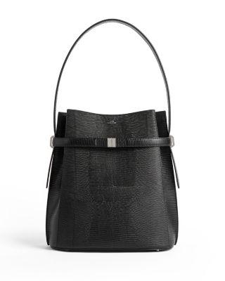 Belted Lizard-Embossed Bucket Bag in Black by TOTEME Belted Lizard-Embossed Bucket Bag in Black by TOTEME