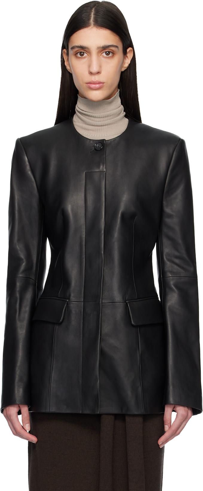 Black Collarless Leather Jacket by TOTEME
