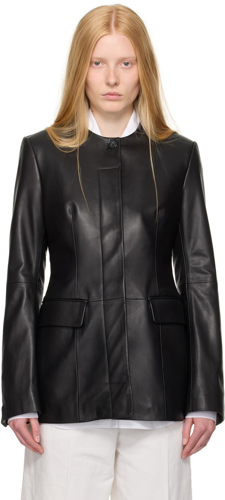 Black Collarless Leather Jacket by TOTEME