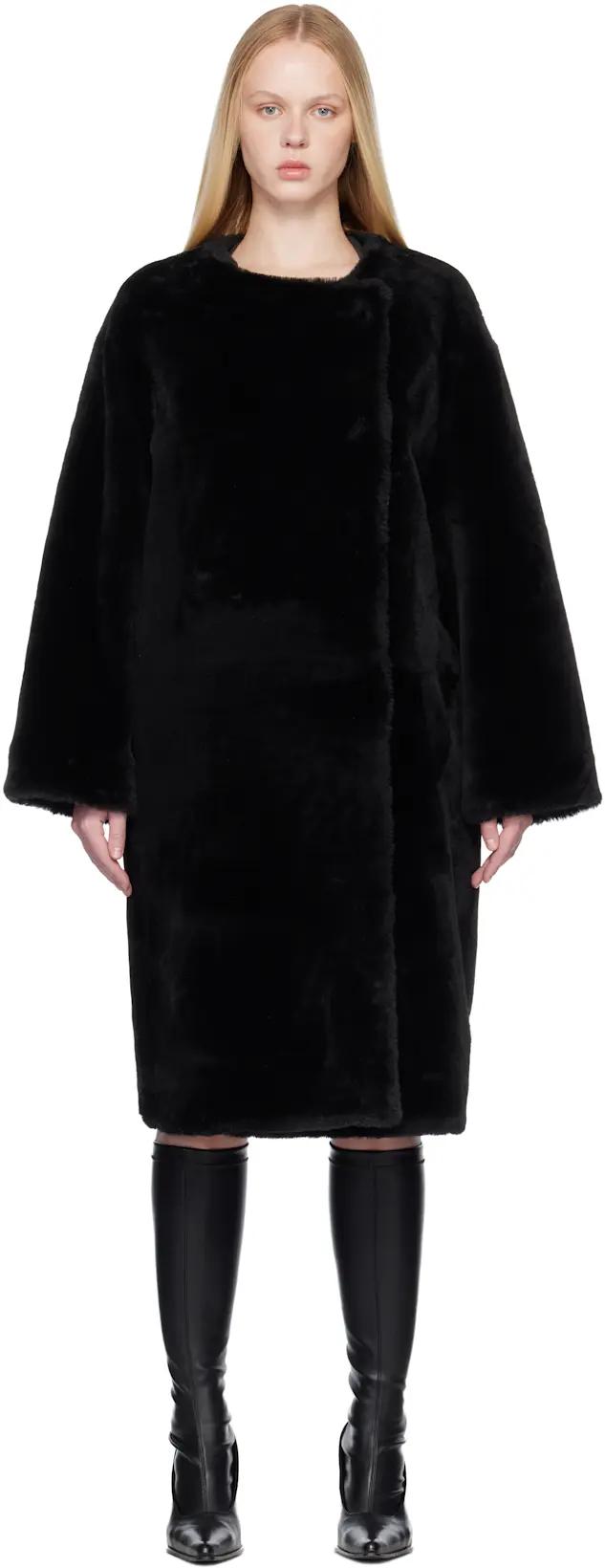 Black Collarless Shearling Coat by TOTEME