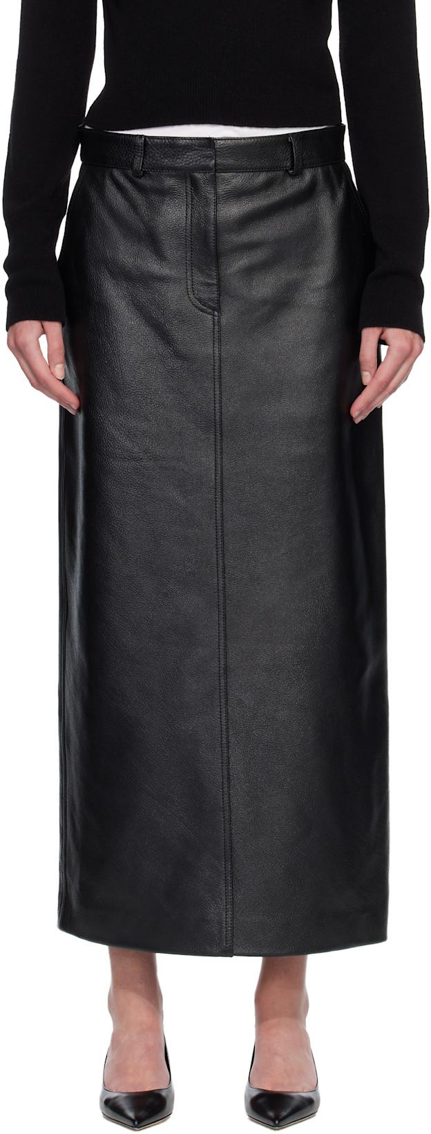 Black Grained-Leather Straight Midi Skirt by TOTEME
