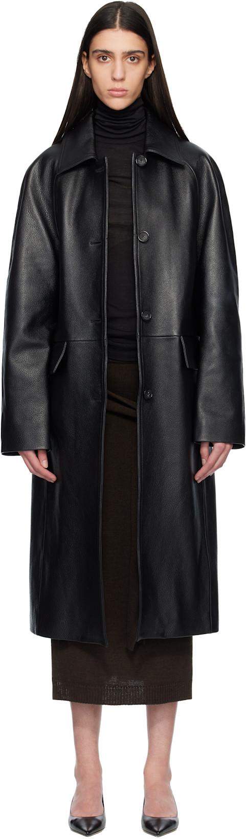 Black Raglan Leather Coat by TOTEME