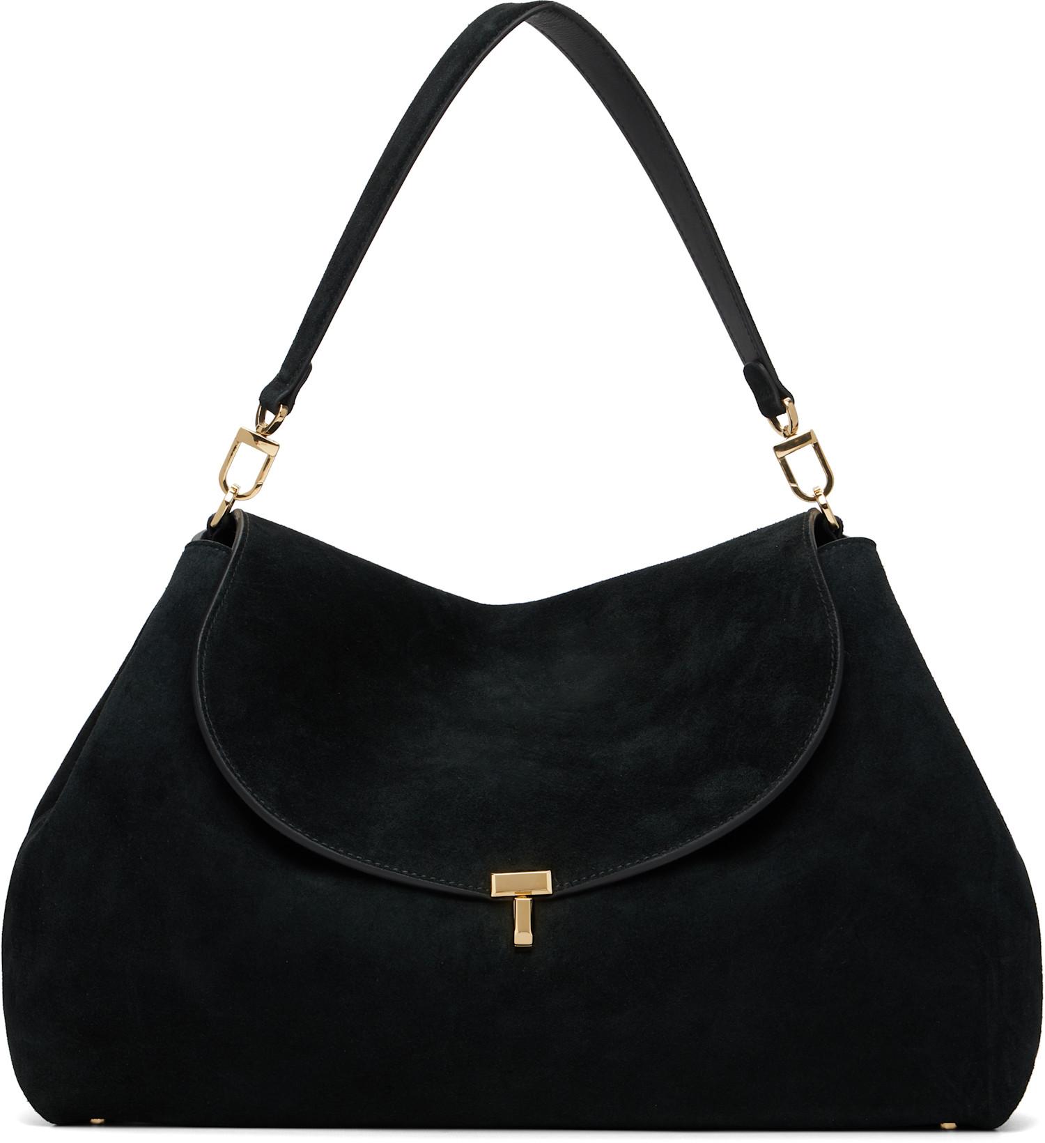 Black T-Lock Suede Satchel by TOTEME