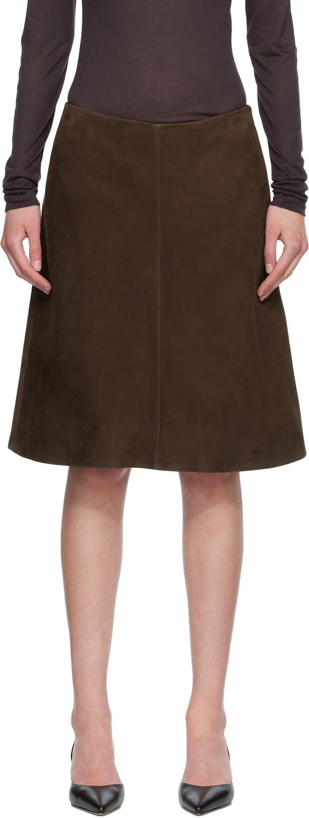 Brown A-Line Suede Midi Skirt by TOTEME