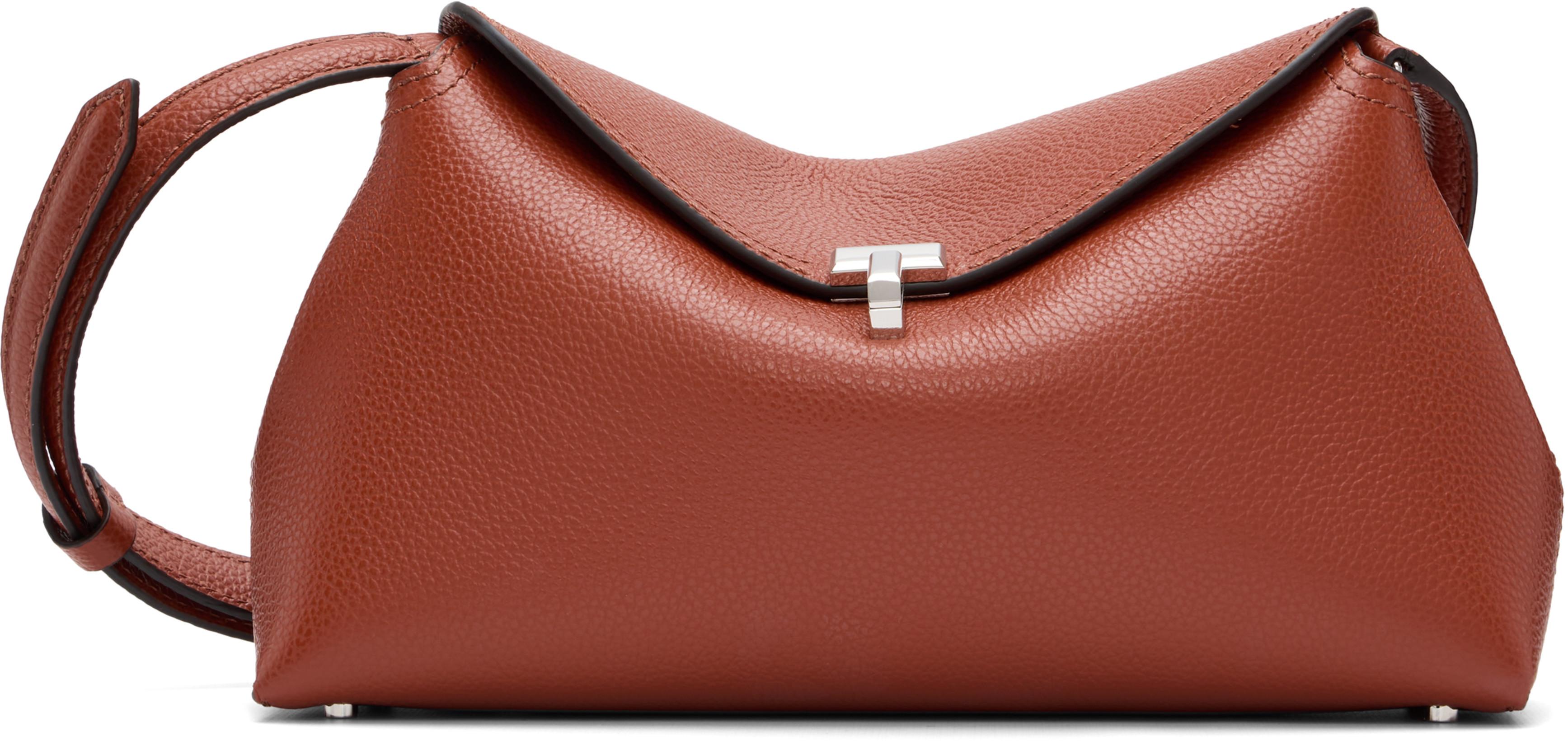 Brown T-Lock Grained-Leather Clutch by TOTEME