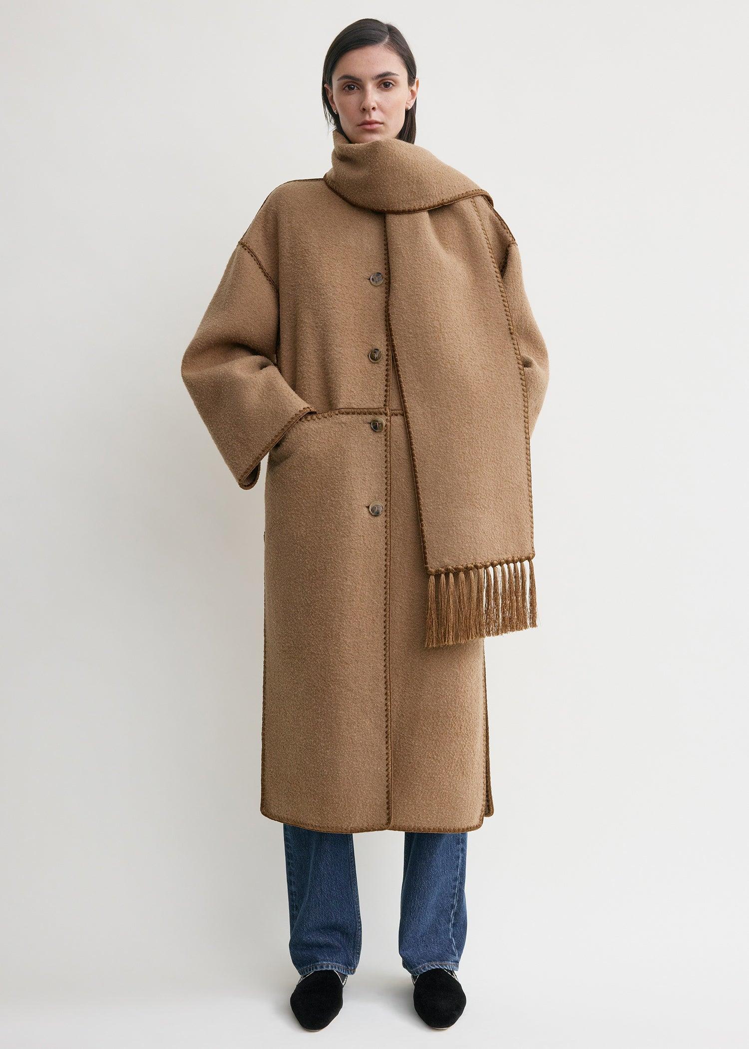 Embroidered scarf coat camel by TOTEME