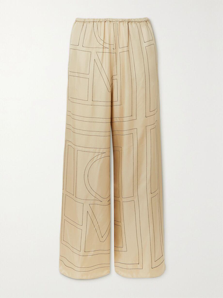 Embroidered silk-twill wide-leg pants by TOTEME