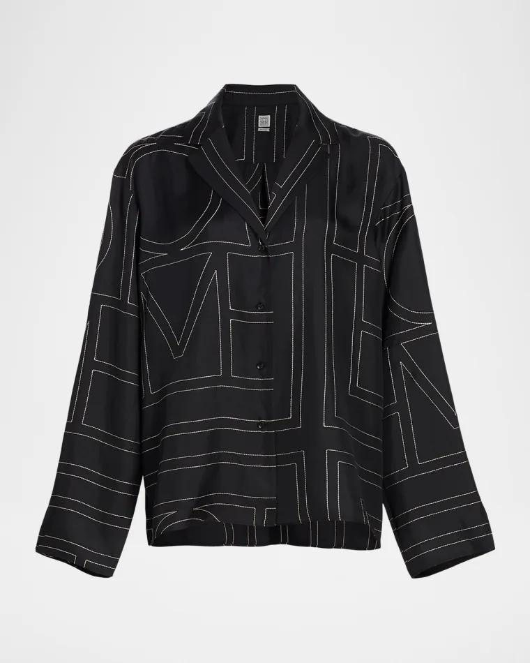Monogram-Embroidered Silk Pajama Top by TOTEME