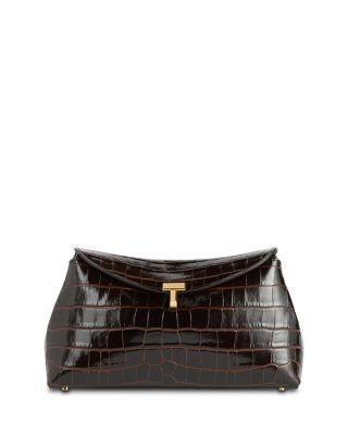 T-Lock Croc-Embossed Convertible Clutch in Dark Brown by TOTEME
