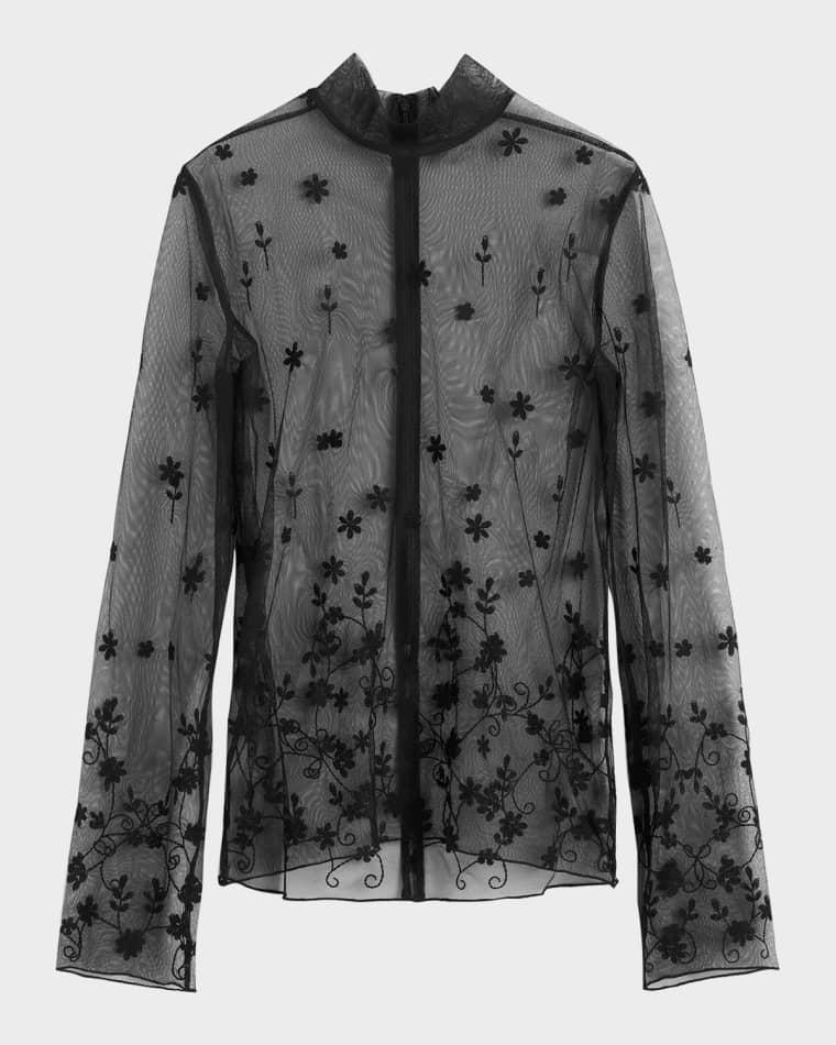 Turtleneck Floral Tulle Long-Sleeve Blouse by TOTEME