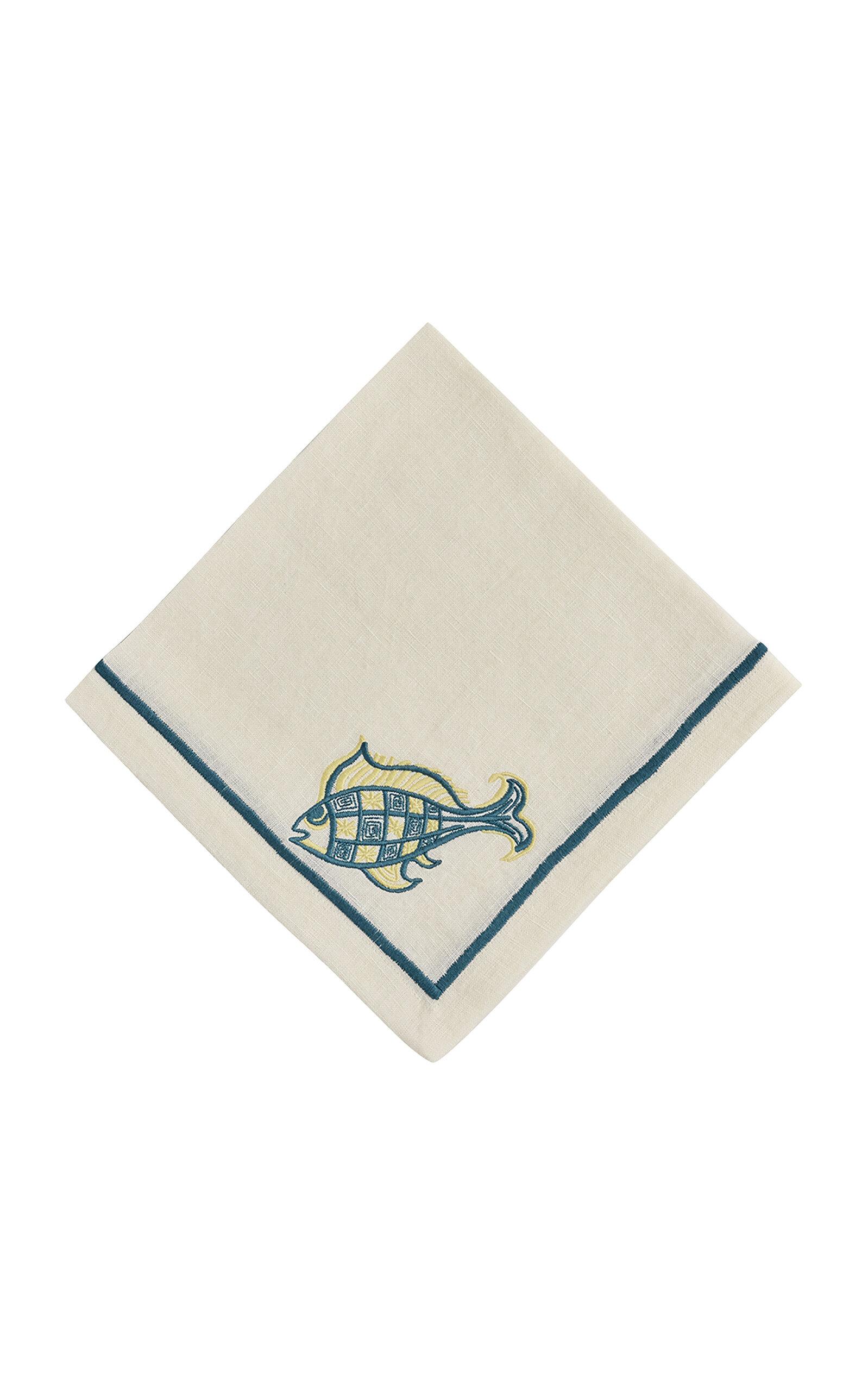 Tressé - Fish Embroidered Napkin - White - Moda Operandi by TRESSE