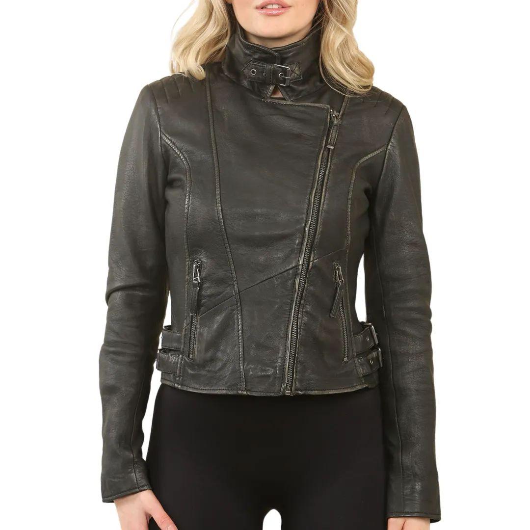 Black Cross Zip Leather Brando Biker Jacket by TRUCLOTHING