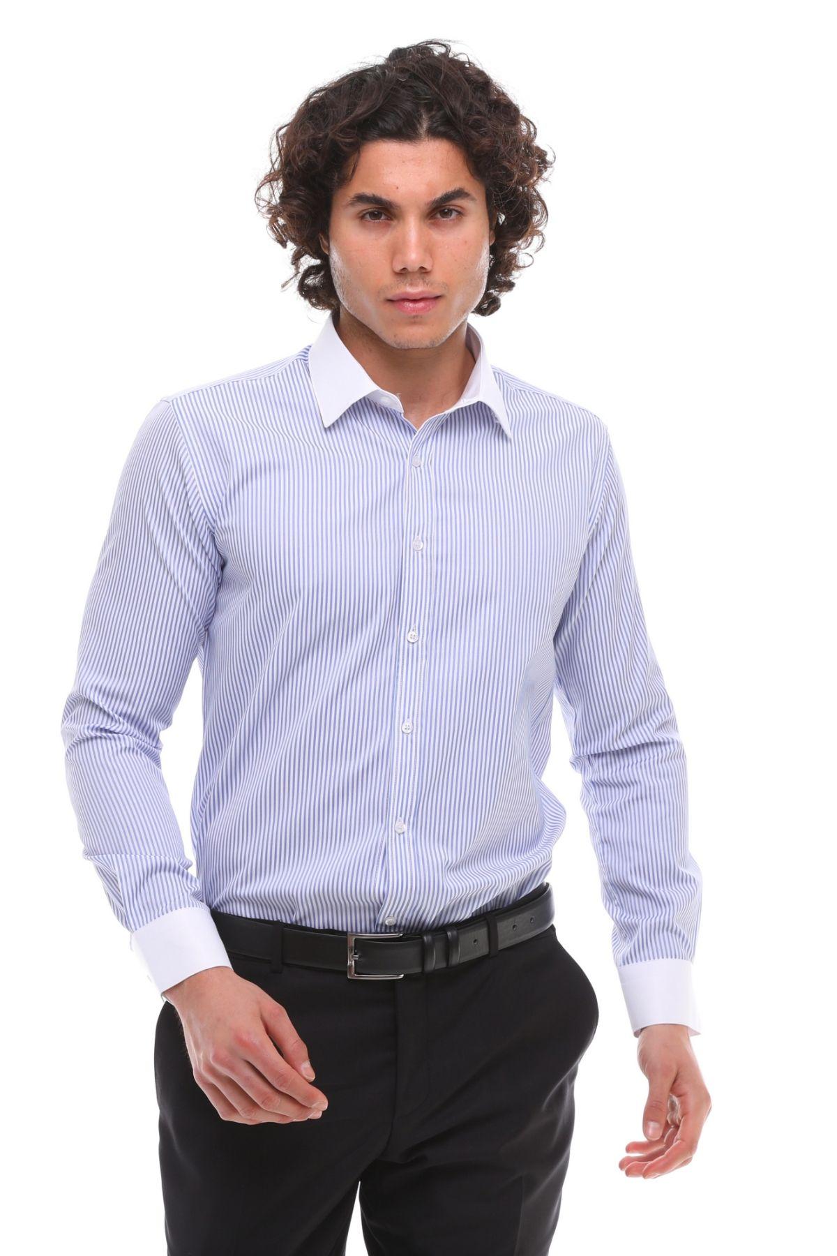 Button Down Stripe Dress Shirt With Classic Collar by TRUCLOTHING