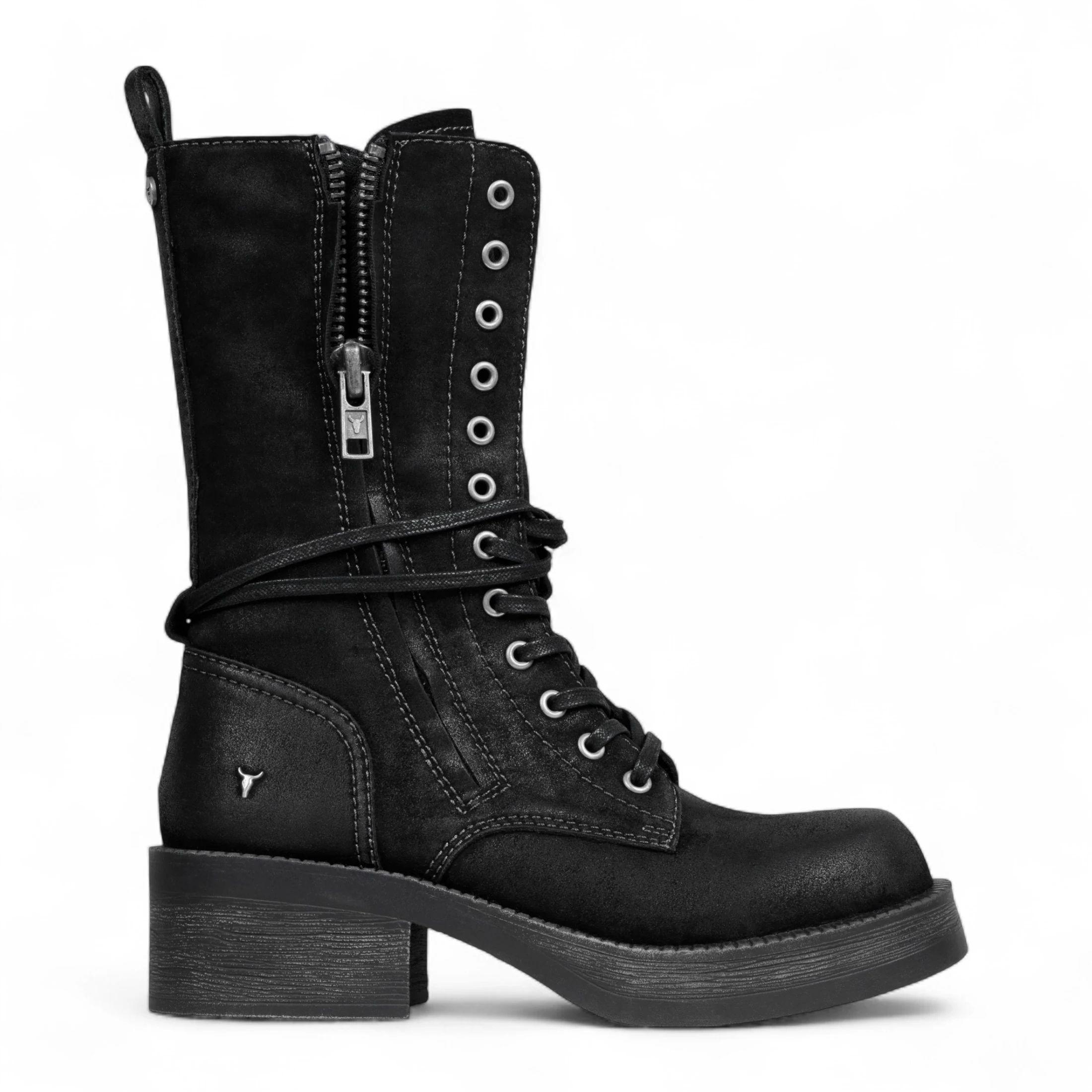 Suede Combat Boots Mid-Calf Lace-Up Biker Shoes by TRUCLOTHING