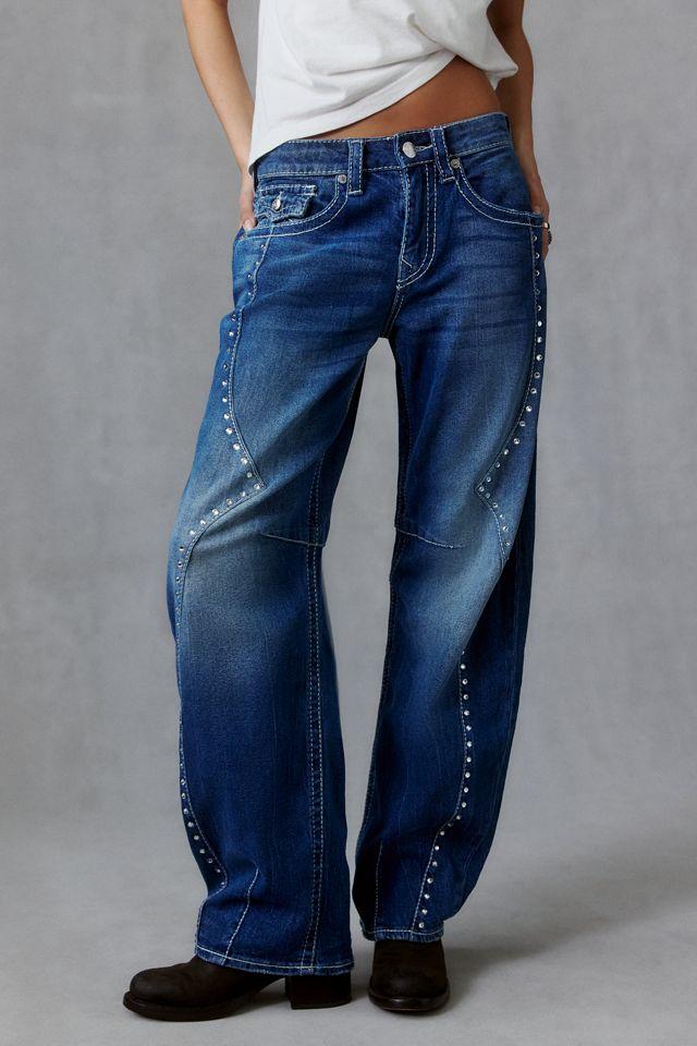 True Religion Bailey Western Studded Big T Flap Mid-Rise Barrel Jeans by TRUE RELIGION