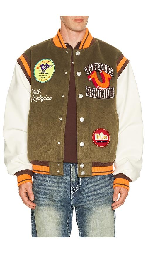 True Religion Garden Logo Retro Varsity Jacket in Olive by TRUE RELIGION