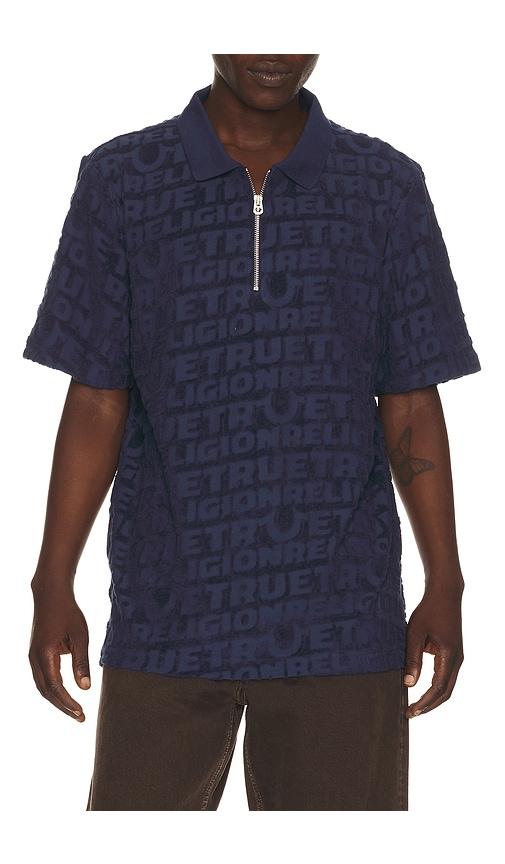 True Religion Logo Terry Knit Zip Polo in Blue by TRUE RELIGION