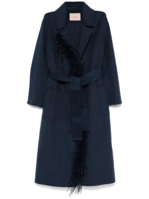 feather-trim belted coat by TWINSET