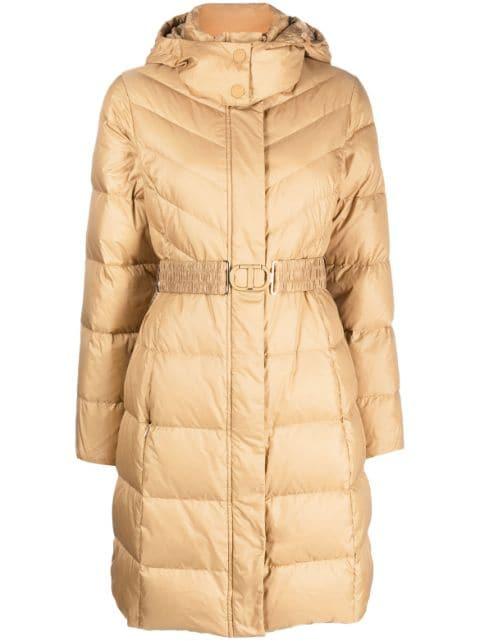 hoodied belted puffer coat by TWINSET