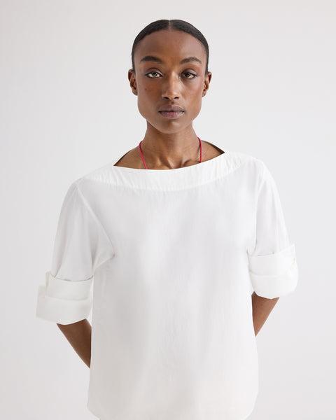 Boat Neck Top with Double Rolled Sleeve in Cotton Poplin by TWP CLOTHING