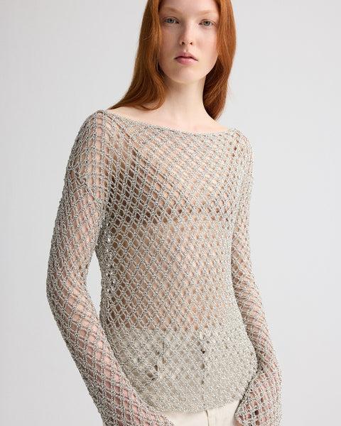Hand Crochet Slash Neck Top in Metallic Yarn by TWP CLOTHING