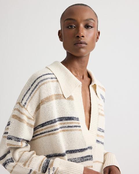V Neck Long Sleeve Polo in Linen Silk Yarn by TWP CLOTHING