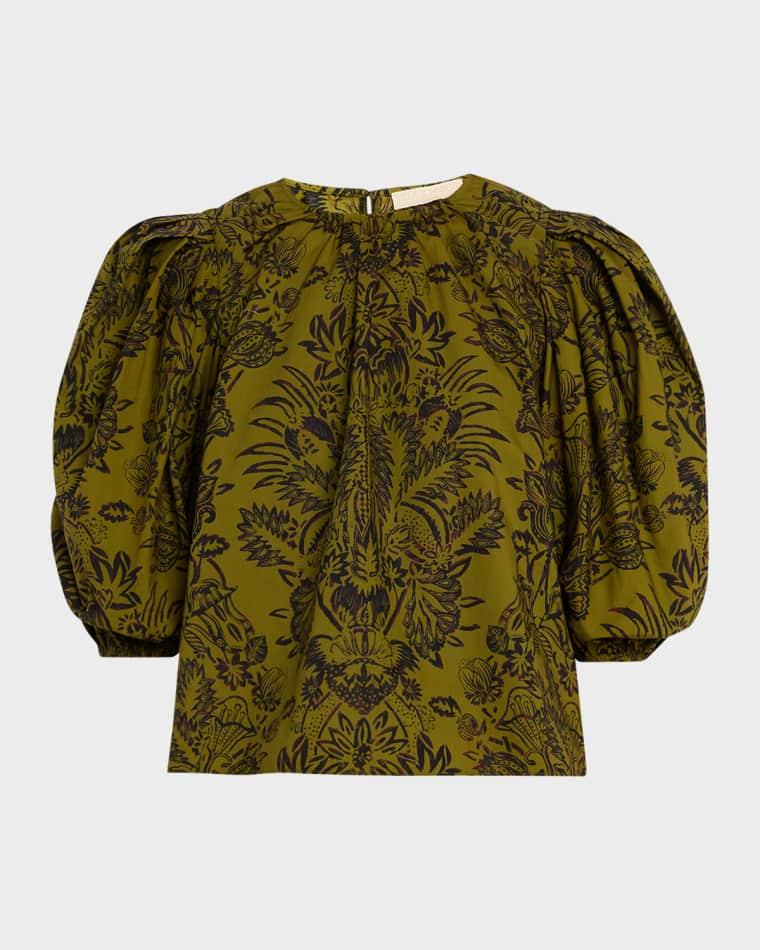 Frantiska Floral Poplin Puff-Sleeve Blouse by ULLA JOHNSON Frantiska Floral Poplin Puff-Sleeve Blouse by ULLA JOHNSON