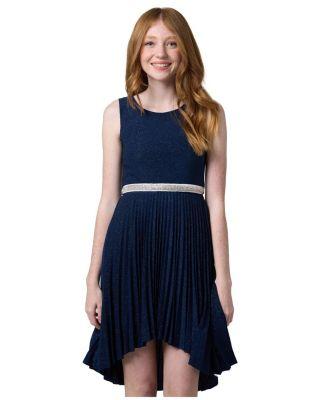 Girls' Glitter Pleated High Low Dress with Belt - Big Kid by UN DEUX TROIS