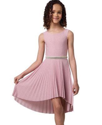 Girls' Glitter Pleated High Low Dress with Belt - Big Kid by UN DEUX TROIS