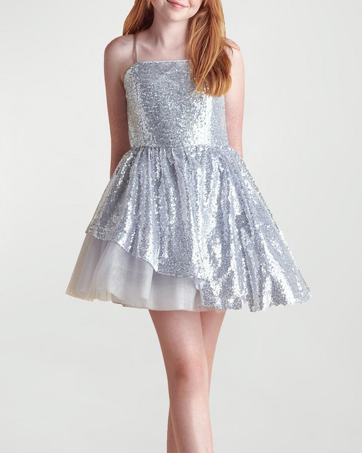 Girl's Sequined Peek-a-Boo Tulle Dress, Size 7-16 by UN DEUX TROIS