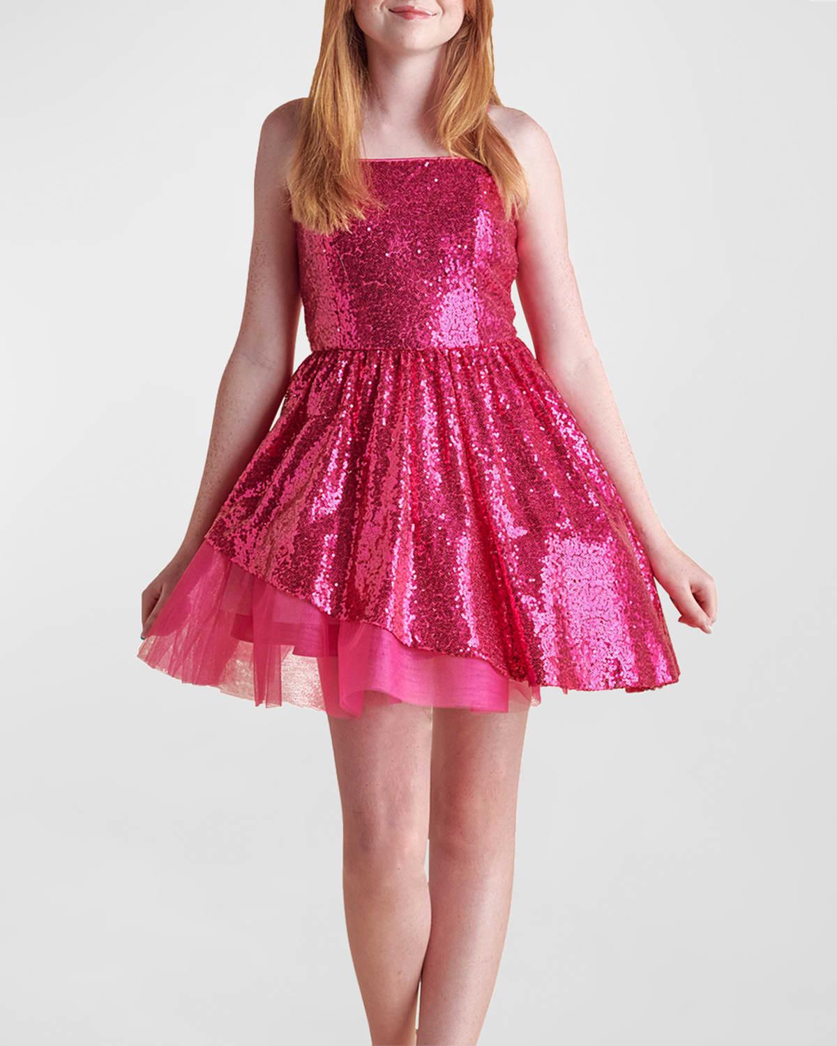Girl's Sequined Peek-a-Boo Tulle Dress, Size 7-16 by UN DEUX TROIS