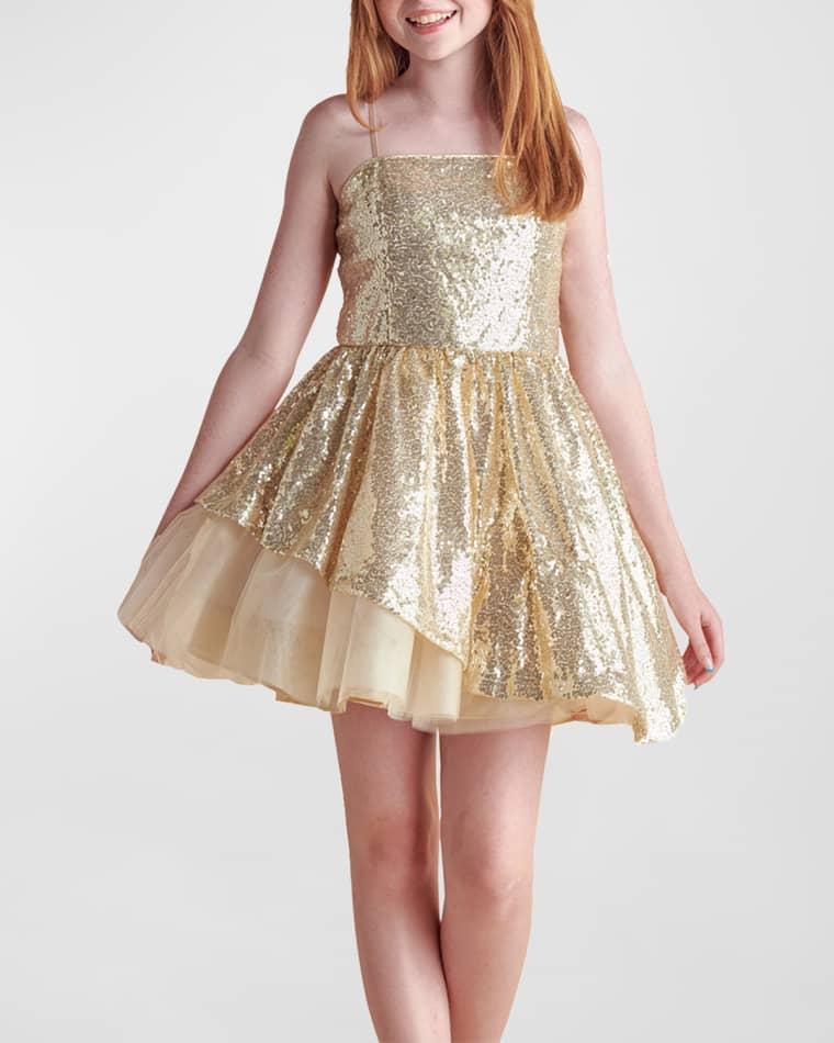 Girl's Sequined Peek-a-Boo Tulle Dress, Size 7-16 by UN DEUX TROIS