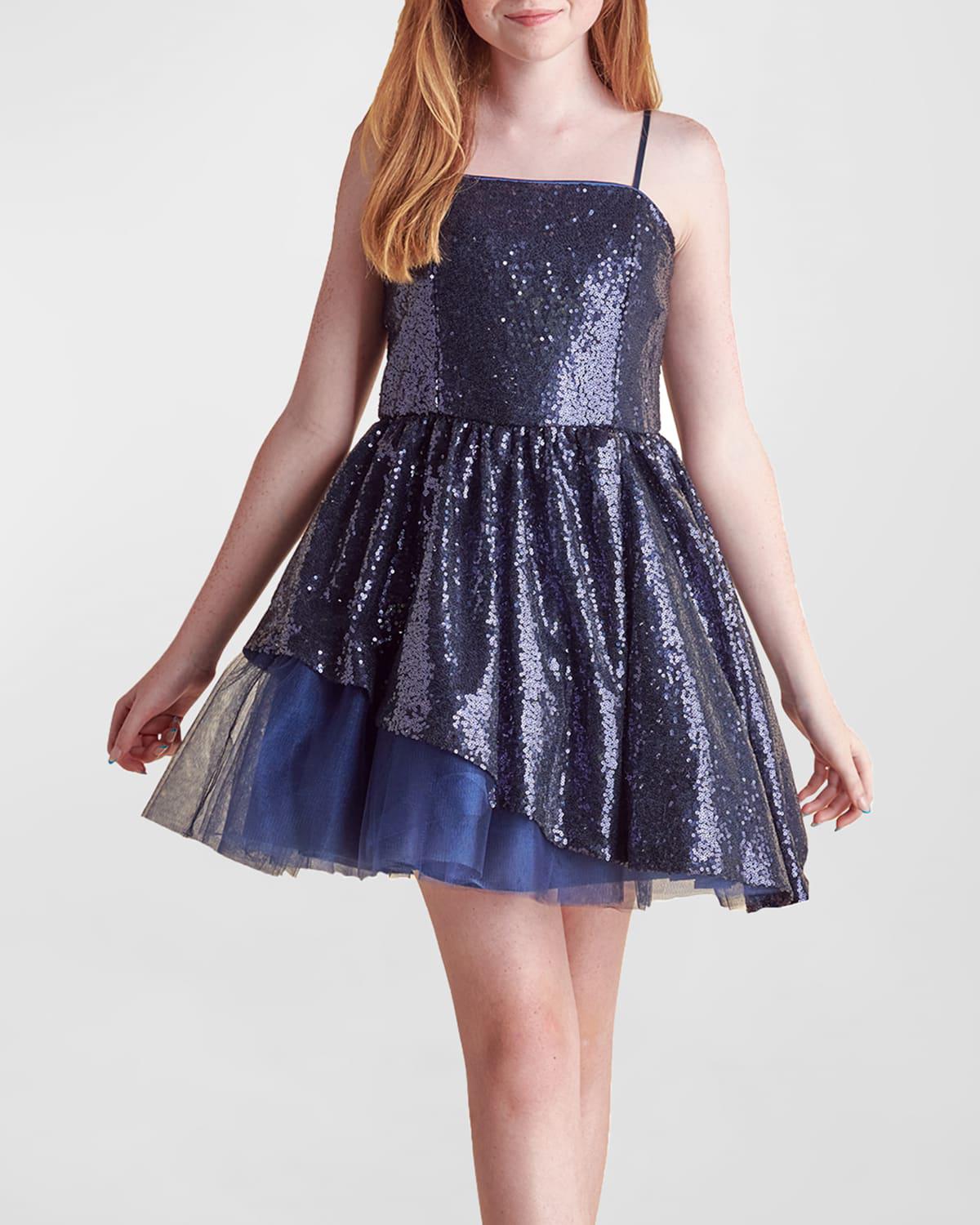 Girl's Sequined Peek-a-Boo Tulle Dress, Size 7-16 by UN DEUX TROIS