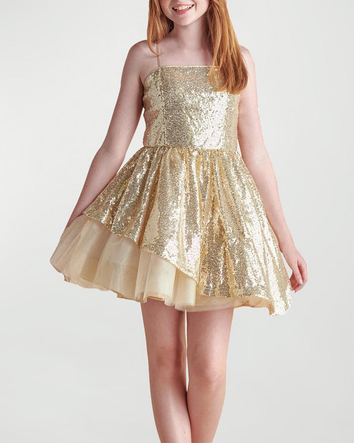 Girl's Sequined Peek-a-Boo Tulle Dress, Size 7-16 by UN DEUX TROIS
