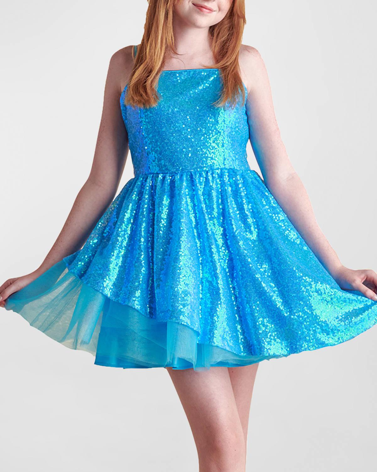 Girl's Sequined Peek-a-Boo Tulle Dress, Size 7-16 by UN DEUX TROIS